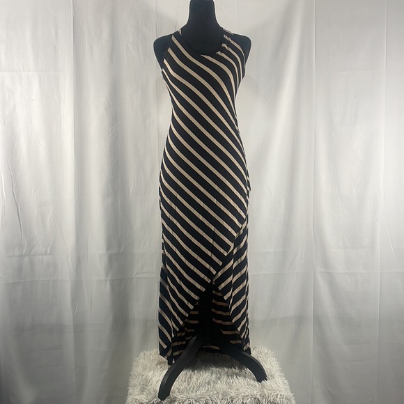 Stripe Black,Cream, MIdi dress, open back, V slit up front, Small - Picture 9 of 9